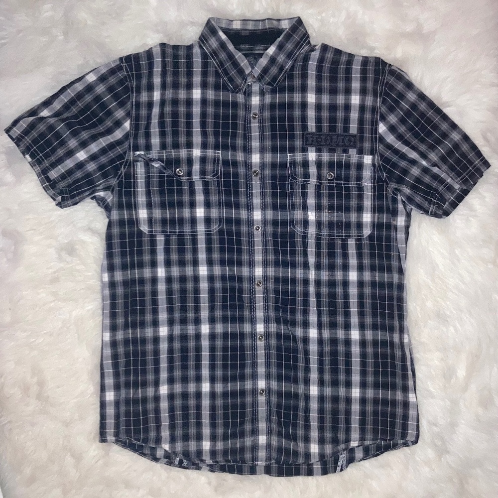 Harley-Davidson Black and White Plaid Short Sleeve Button-Down Shirt